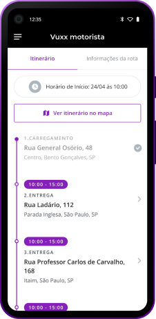 tela de itinerário no aplicativo da Vuxx