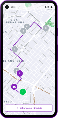 Tela do mapa com o roteiro da rota do aplicativo Vuxx